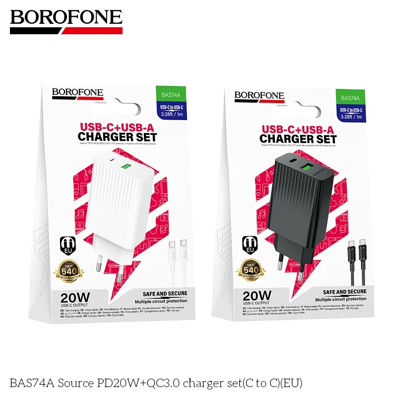 Сетевое Зарядное Устройство Borofone BAS74A 1USB-C/1USB PD/QC 20W+Type-C to Type-C Білий