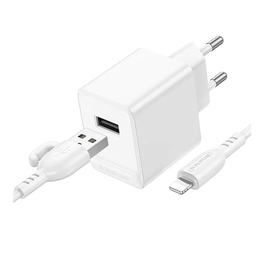 Мережевий Зарядний Пристрій Borofone BAS11A 1USB 2.1A+USB to Lightning Білий