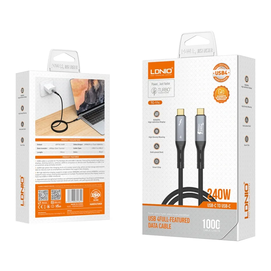 Кабель USB LDNIO TC11c USB4.0/Thunderbolt 4/40Gbps/240W/8K@60Hz Type-C to Type-C Чорний