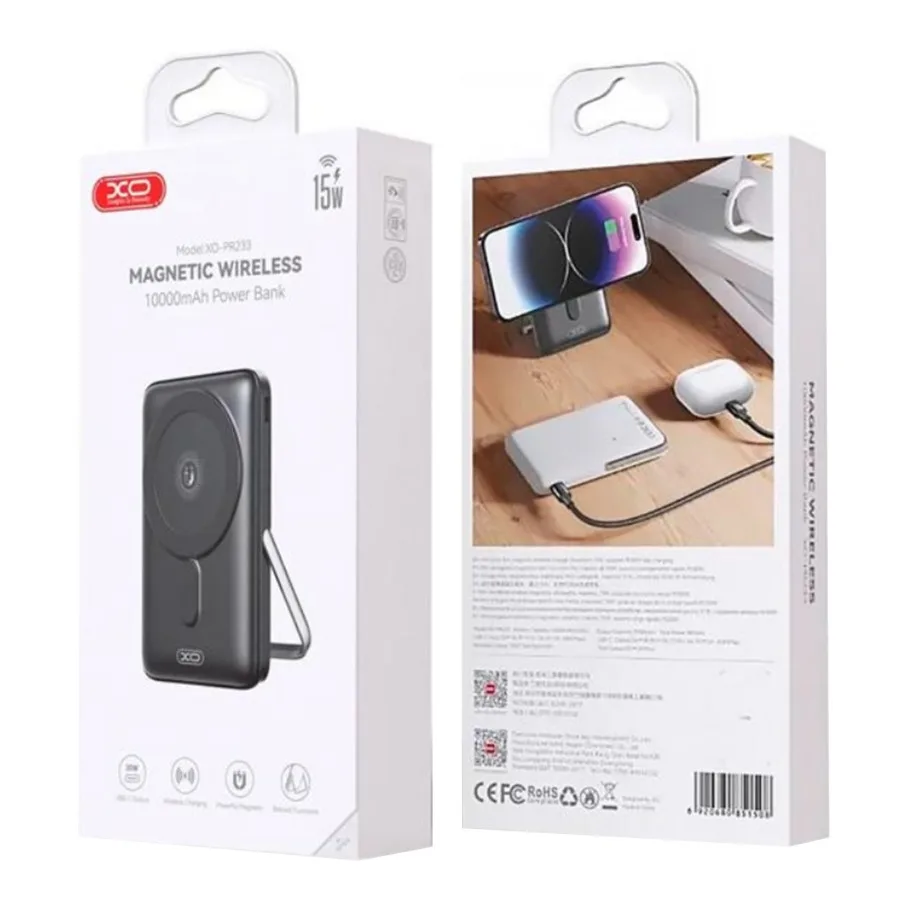 Універсальна Мобільна Батарея Power Bank XO PR233 PD30W Magnetic wireless 15W Type-C with U-shaped holder 10000mAh Білий