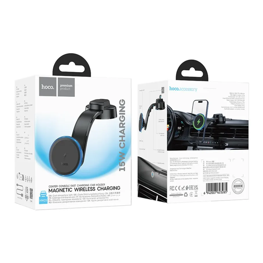 Автотримач Hoco HW25 Magnetic Ring Wireless 15W Чорний
