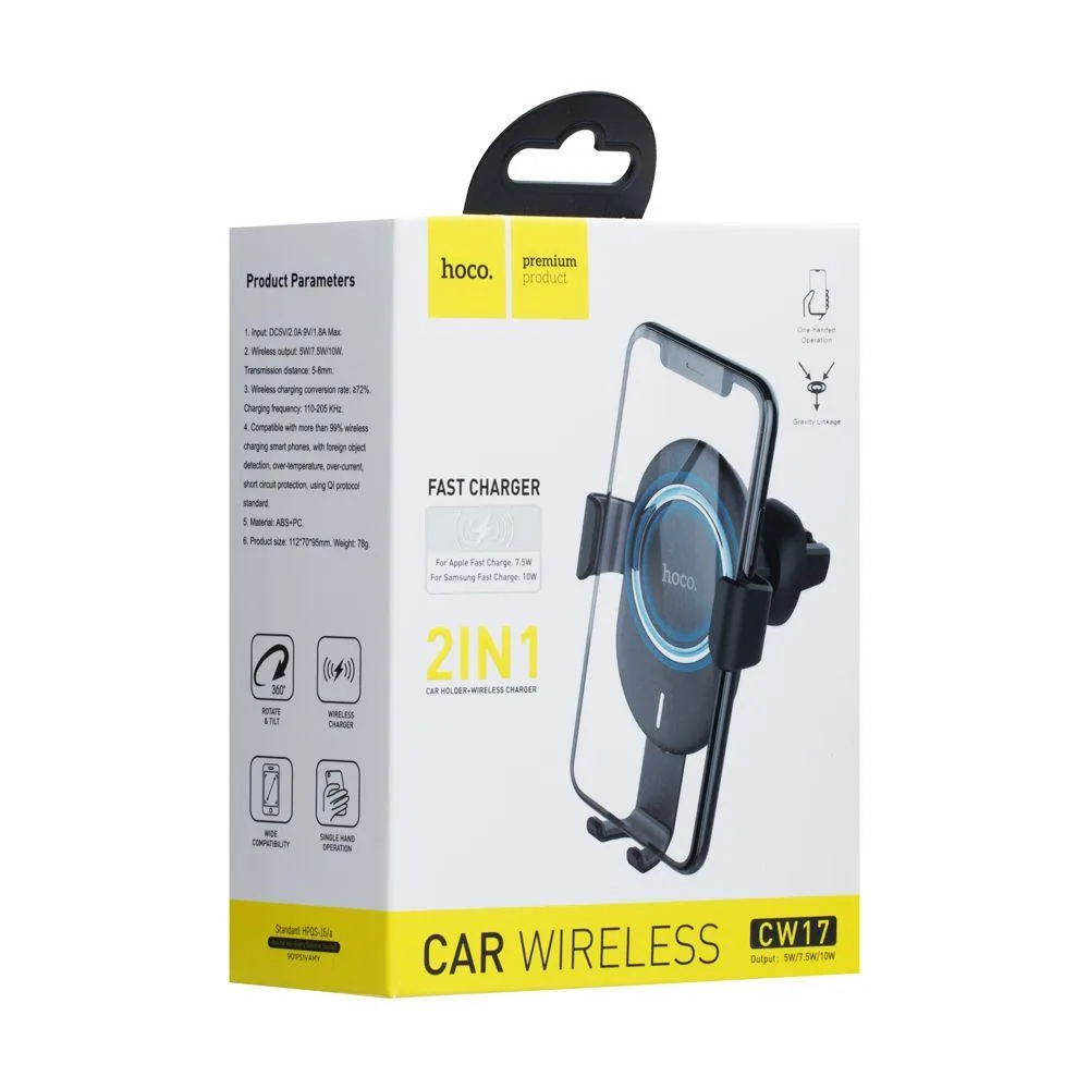 Тримач для телефона в автомобіль Hoco CW17 Wireless Fast Charger Колір Чорний